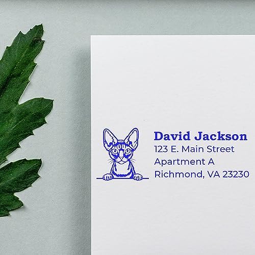 Peeking Devon Rex Cat Wood Handle Address Stamp - Personalized Stamper | Return Address Stamp for Holiday Cards Custom Made. Swap pads to change color. Custom Address Stamp Devon Rex Cat.