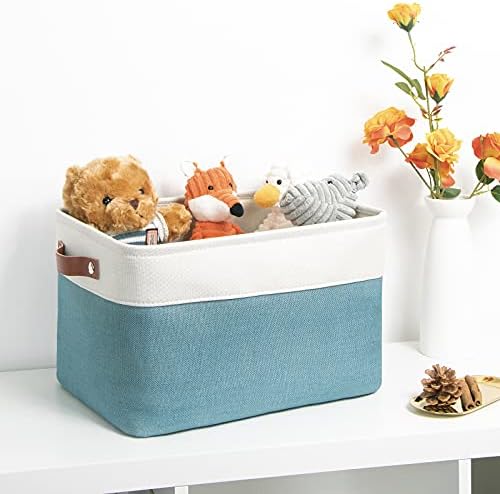 DULLEMELO Fabric Storage Basket for Shelves/Closets, Collapsible Rectangle Basket for Organizing Clothes, Toys, Towels, Books, Laundry, Nursery, Dog Toy Basket Empty (White&Teal)
