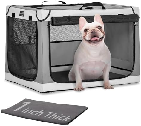 PETSFIT Portable Dog Crate for Small Dogs, – 24" Soft Dog Travel Crates with Lockable Zippers & Thicken Mat, Adjustable Patented Spiral Steel Frame, Collapsible Kennel for Indoor & Outdoor