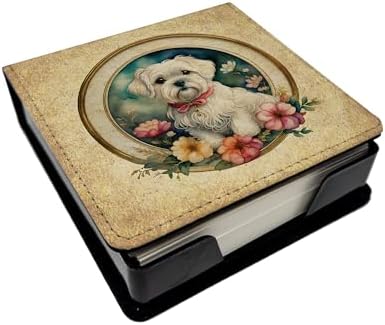 Caroline's Treasures Maltese and Flowers PU Leather Note Paper Holder with Artist-Designed Cover, Desk Accessory, Office Gift
