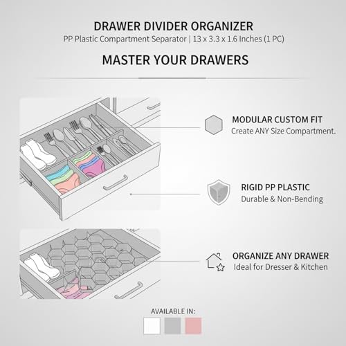 Honeycomb Drawer Divider Organizer, Adjustable PP Plastic Compartment Separator for Dresser & Kitchen Drawers, 13 x 3.3 x 1.6 Inches (1 Piece)