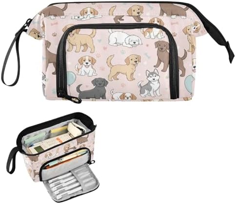 Emelivor Cute Pets Dogs Pink Print Pencil Case Large Capacity Pencil Pouch Bag with Compartmens Pen Organizer Portable Stationery Bag for School Office Men Women Adults