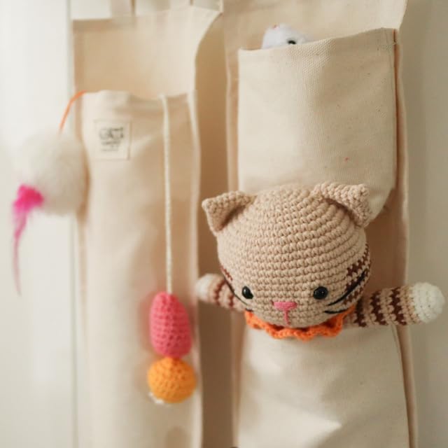 MOM N POP Hanging Cat Toy Organizer, Wall-Mounted Cat Toy Storage for Wand & Teaser Toys, Handmade Organic Cotton Toy Holder with Pockets