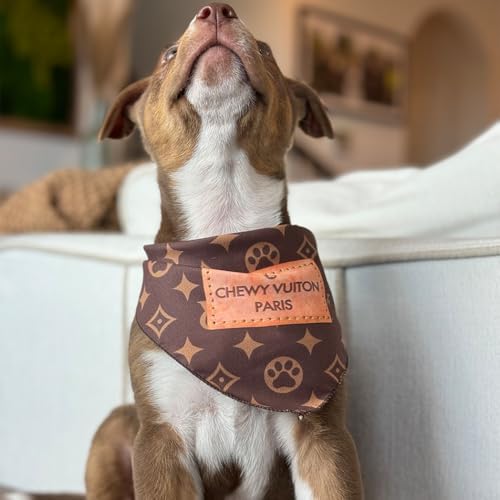 Chewy Vuiton Dog Bandana Designer Fashion Scarf Kerchief for Small Medium and Large Dogs, Funny Parody Gift for Girl or Boy Dog, Soft Durable Fabric, Adjustable Tie-On Style Triangle