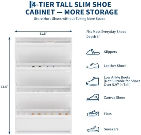 Garvee Slim Metal Shoe Cabinet with 4 Flip Drawers for Entryway, White | Narrow Shoe Storage, Wall Mounted or Floor Standing, Detachable Bottom Corners for Flexible Placement, Anti-Tip Wall Mount