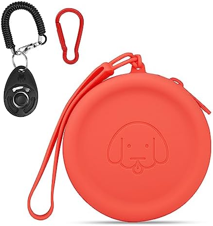 WALLFID Silicone Dog Treat Pouch Small Bag,with Pet Training Clicker,Walking Bag for Dog and Cat, Pocket Size, Easy to Clean, Odorless, Zipper Design,Moisture-Proof,Travel Walking Bag.(Claret)