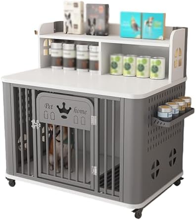 Portable Dog Crate with Storage Board & Dog Toilet, Universal Wheels for Easy Mobility, Ideal for Small to Medium Dogs (Grey & White)
