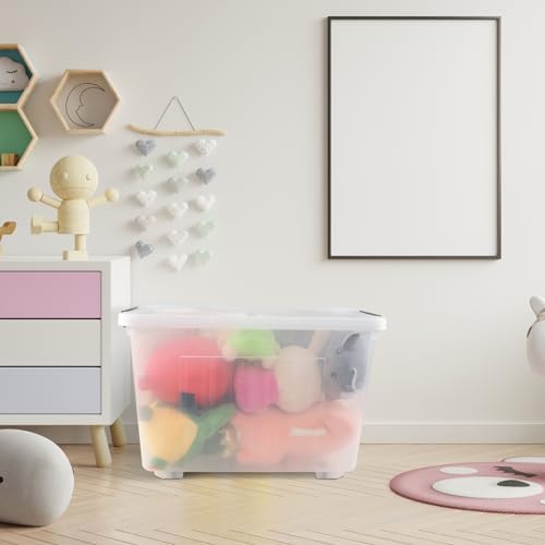 Clear Plastic Storage Bins With Wheels, 50 L, 4-Pack | Stackable Large Rolling Tote Containers, Clear Lids for Closet, Garage, Dorm, Laundry Room Organization