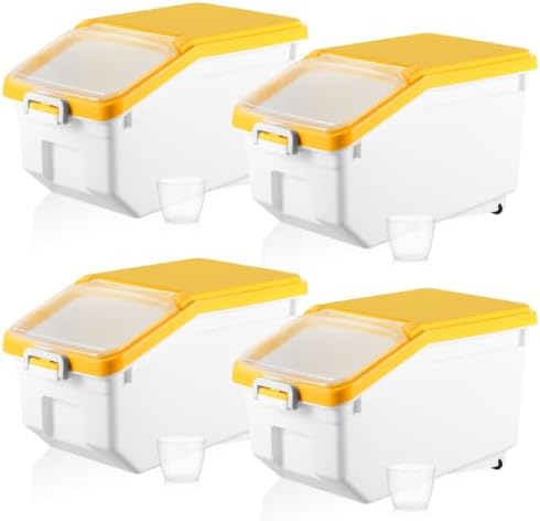 Sunnyray 4 Pcs Rice Storage Containers Bulk Flour Sugar Container Wheels Measuring Cups Set Airtight Pet Dog Cat Birds Food Bin Grain Cereal Organizer Box for Dry Baking(Yellow,22 lb)