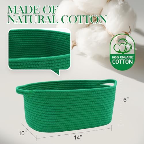 Woven Basket with Gift Bags and Ribbons, 14"X 10" X 6" Storage Basket Green | Gift Storage Organizer Basket Bin Shelf Shelves Cotton Rope Basket for Nursery, Pet Toys