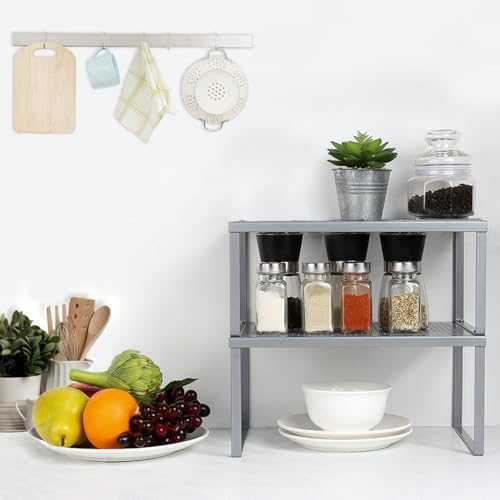 NEX Cabinet Organizer Shelf, Kitchen Counter Shelves Set of 2, Silver | Stackable & Expandable Spice Rack, Space-Saving Pantry Organizers Bathroom Countertop Storage, Metal