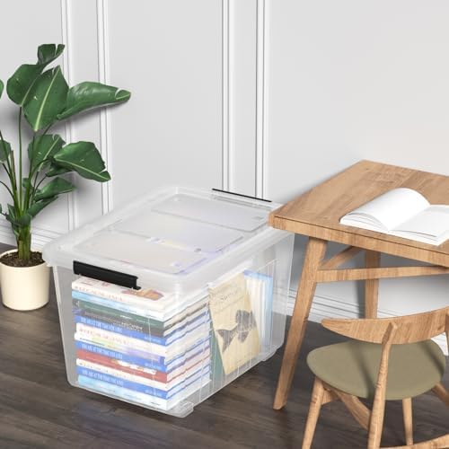 4-Pack Secure Latch, Clear Plastic Storage Organizer Bins, 70 L, Heavy-Duty Container Boxes with Lids for Home, Office, and Garage