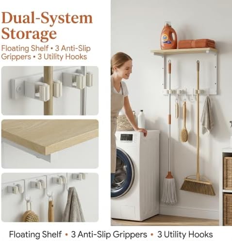 Upgraded Broom Holder Wall Mount with Shelf, Mop and Broom Organizer Wall Hanging, Cleaning Supplies Organizer (small)