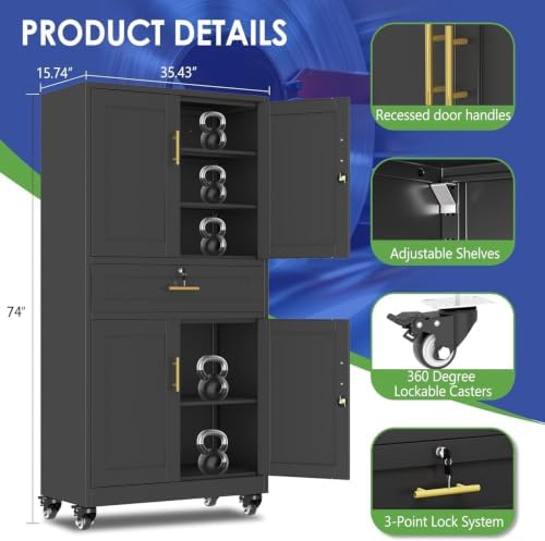 74" Metal Garage Storage Cabinet with Wheels and Locking Doors