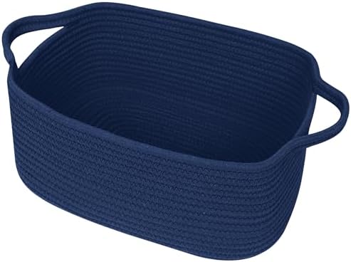 Cute Blue Woven Basket, Empty Gift Basket for Christmas, Thanksgiving, Easter, Birthday, Cotton Rope Storage Bin with Handle for Gift, Dog Toy Box, Baby Nursery Organizer, Dark Blue Decor
