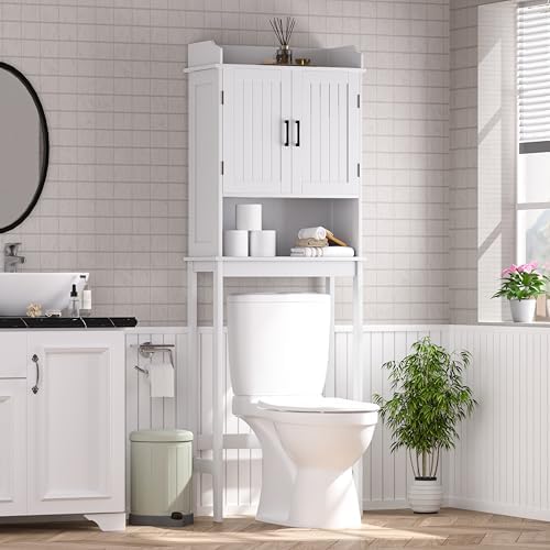 Yardenaler Over-The-Toilet Storage Shelf with Doors, Bathroom Freestanding Space Saver Organizer with Adjustable Shelf, White