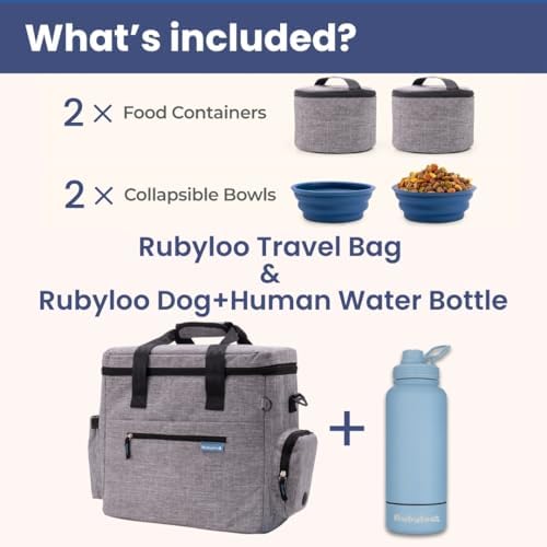 Rubyloo The Original Doggy Bag (Grey) & 32oz Insulated Water Bottle with Attached 8oz Bowl (Solid Dusty Blue) – Dog Travel Bag & Hydration Set