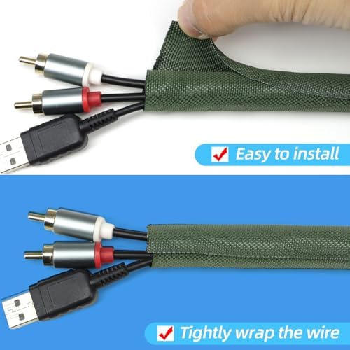 Automotive Wire Loom Tubing, Split Braided Cord Protectors from Pets No Chew, Flexible Cable Sleeve Cable Management for TV/Computer/Electric Wires (Deep Green, 3/8"-25ft)