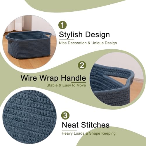 OIAHOMY 3 Pack Storage Baskets for Shelves Cotton Rope Storage Bins Blue | Woven Baskets for Storage Nursery Storage Basket with Handles Baskets for Organizing Small Baskets Gift Baskets Empty