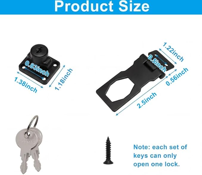 2 Pcs 2.5 Inch Hasp Lock, Black | Metal Twist Knob, Keyed Locking, With Keys, With Screws, For Small Doors Cabinets Toolboxes Storage Units