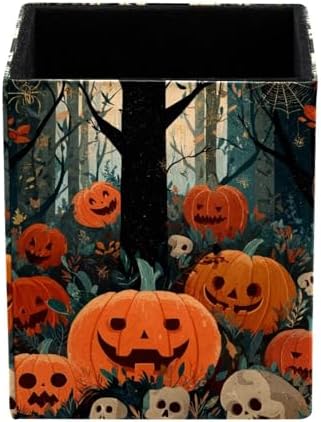 Halloween Pumpkin Pen Holder for Desk Decor, Rectangular PVC Leather Pencil Cup for Desk Pen Organizer, Makeup Brush Holder for School, Home, Office