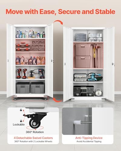 VEVOR Metal Storage Cabinet, 72.6 in Rolling Steel Garage Cabinet with 4 Adjustable Shelves, 2 Magnetic Doors & 2 Keys, 5 Tiers Lockable Tool Storage for Pantry, Warehouse, Basement, Office, White