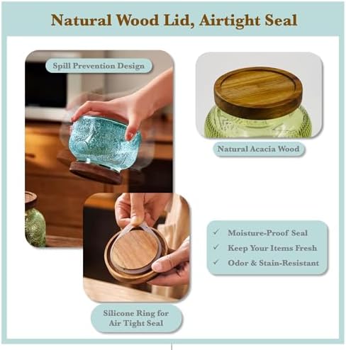 Decorative Blue Ribbed Glass Jar with Airtight Wooden Lid, 25.4 fl. oz | Wide mouth vintage storage canister, kitchen pantry bathroom organization, coffee sugar tea cookie candy candle vase gift