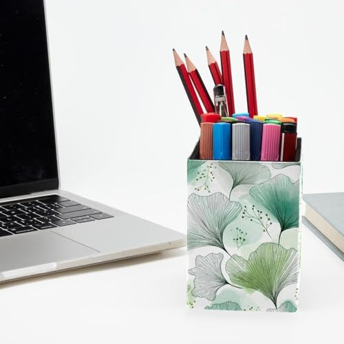 Ginkgo Leaves Pen Holder for Desk Decor, Rectangular PVC Leather Pencil Cup for Desk Pen Organizer, Makeup Brush Holder for School, Home, Office