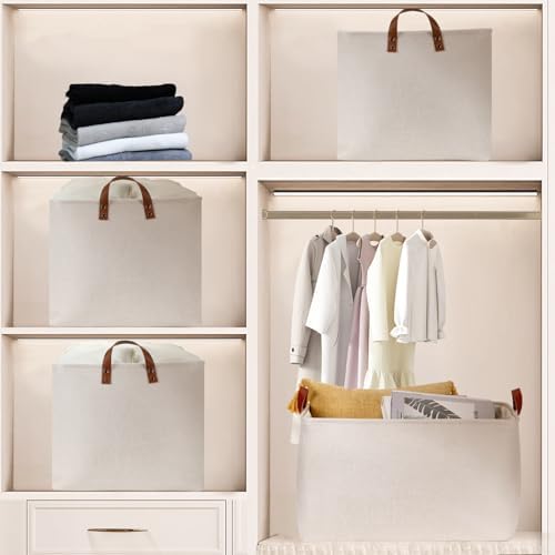 DULLEMELO Large Beige Storage Basket 70L Oversized Canvas Fabric Storage Bin, Collapsible Rectangular Toys Basket Organizer with Handles, 22X15 Storage Container for Clothes, Blankets, Pillows