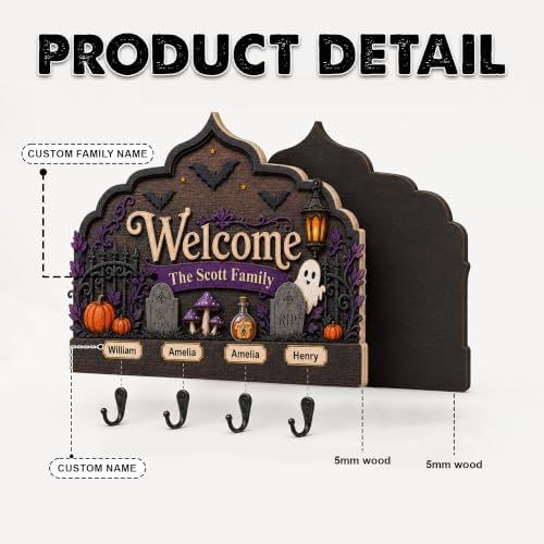Personalized Halloween Key Holder, Custom Wooden Family Name Décor | Decorative Halloween Sign with Hooks, Family Name Sign, Spooky Wall Holder, Pumpkin Front Door Accent, House Key Hanger