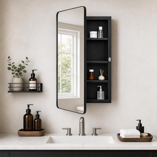 Plastic Black Medicine Cabinet 16x28 Beveled Mirror, Recessed/Surface Mount | Black Round-Corner Metal-Framed Beveled Mirror Door with Reversible Opening; Pre-Assembled for Recessed Or Surface Mounting