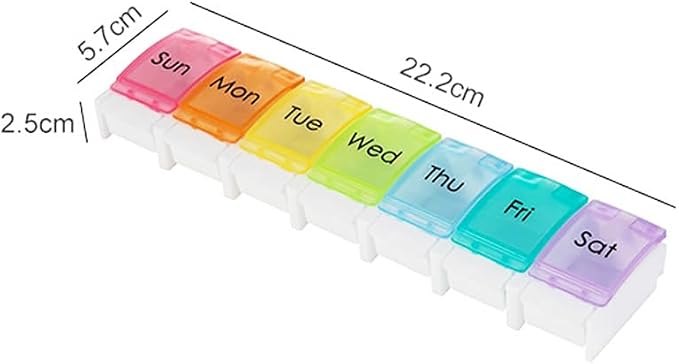 7 Day Pill Case Organizer, Large Daily Medicine Box Dispenser Box | Colorful Travel 7 Dividers Vitamin Holder with Easy Push Button for Medication, Supplement, Fish Oil, Cod Liver Oil, Capsules