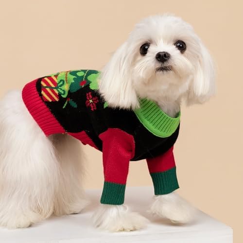 Fitwarm Cozy Dog Christmas Sweater, Thermal Winter Clothes for Small Dogs, Boy & Girl, Holiday Pet Apparel, Black, Red, Green, Yellow, Large