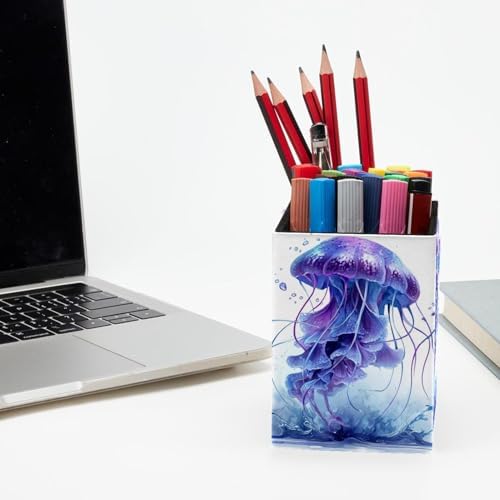 Jellyfish Pen Holder for Desk Decor, Rectangular PVC Leather Pencil Cup for Desk Pen Organizer, Makeup Brush Holder for School, Home, Office