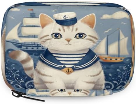 Weekly Pill Organizer Travel Size Bag with Removable 7 Day Pill Box Portable Vitamin Case Purse with Zipper,Sailor Cat Striped Collar Anchor Hat