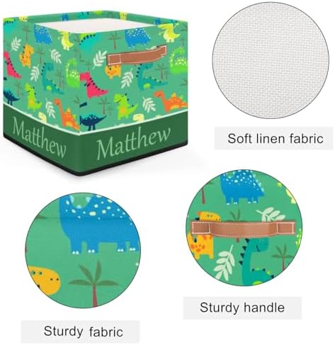 Personalized Storage Baskets for Organizing, Foldable Storage Bins with Handles Custom Cute Basket for Boys, Girls, Pet, Clothes, Blanket, Bedroom Nursery Toy Storage Gift,13 x13 x13 In,Dinosaurs