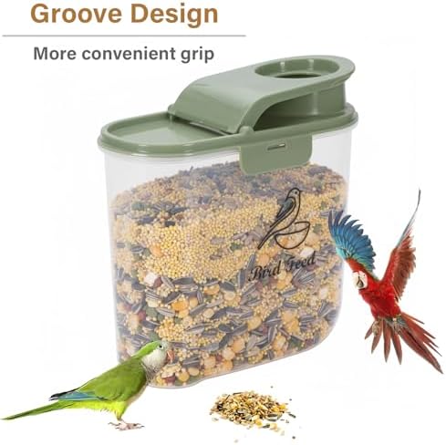 Bird Seed Storage Container, 2L/2.1Qt, Airtight, Flip Lid & Pour Spout | Bird Food Container with Scale for Sunflower Seeds, Portable Travel Kibble Storage Dispenser for Small Animal,Green