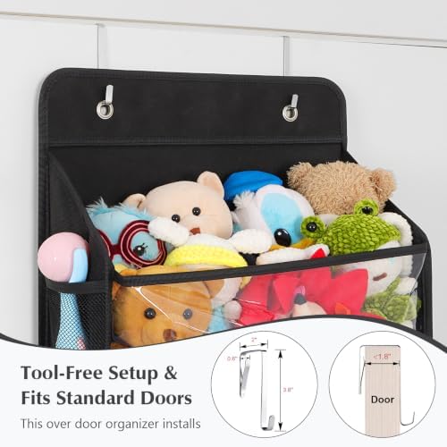 Univivi Over Door Stuffed Animal Storage,5-Tier Toy Organizer,Black | Breathable Mesh,Dustproof Zipper Pockets,Clear PVC Window,Heavy Duty,for Playroom & Bedroom