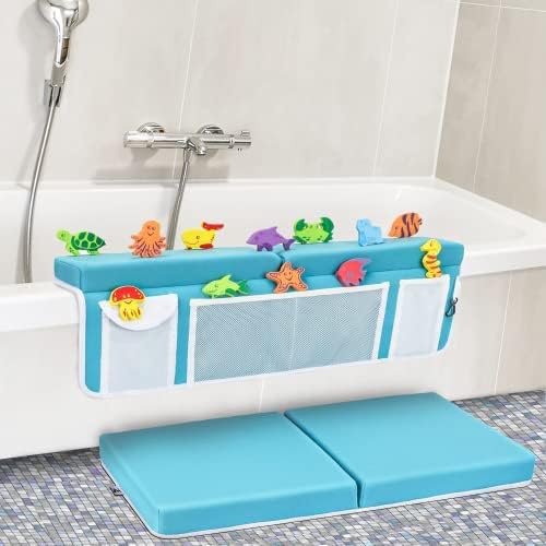 Supa Ant Bath Kneeler –8 Suction Cups & 1.5" Padding.Certified Non Toxic Bath Kneeling Pad for Bath Tub & 5 Bath Organizer. Fast Dry Baby Bath Kneeler and Elbow Rest Pad Set Blue