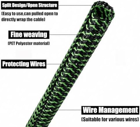 PET Braided Cable Sleeve Wire Protector Cable wrap Wire Covers for Cords Cable Sleeves Cord Management Cable Management Sleeve (25 Feet, Green Black, 13mm(1/2 inch))