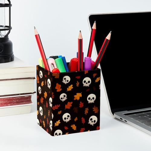 Skull Pen Holder for Desk Decor, Rectangular PVC Leather Pencil Cup for Desk Pen Organizer, Makeup Brush Holder for School, Home, Office