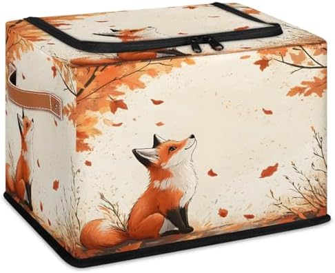 Fox Forest Animals Storage Bins with Zipper Lid Autumn Maple Foldable Fabric Organizer Box with Handles Rectangular Closet Clothes Organizer Containers