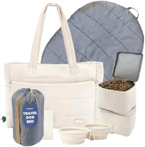 rubyloo Dog Mom Bundle - Puffer Tote with Storage Containers (Beige) and Foldable Travel Bed (Foggy Trail Grey) - Travel Bag and Cozy Mat Set