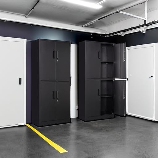 Metal Storage Locking Cabinet with 4 Doors and 2 Adjustable Shelves,71" Lockable Garage Tall Steel Cabinet,for Home Office,Living Room,Pantry,Gym,Commercial Storage (Black)