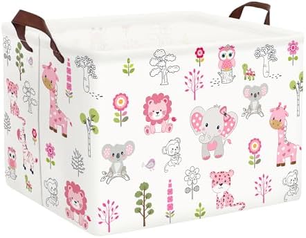 Clastyle Large Woodland Animal Baby Shower Bakset Pink Book Gift Bin, 36L | Foldable Dirty Clothes Toy Organizer Bin, Playroom Bedroom Bathroom, Girl Nursery Decor Laundry Hamper, Jungle Elephant Lion