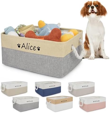 Dog Toy Basket,Dog Toy Bin Box with Comfortable Handles,Personalized Collapsible Large Pet Toy Storage Custom Name for Accessories,Toys,Clothing, Blanket & Leash（white pink,M）