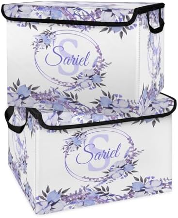 Purple Flower Storage Bin with Lid Personalized Storage Baskets for Organizing Foldable Closet Organizers with Handles,Cute Basket for Boys Girls for Clothes Blanket Pet Dog Toy Basket Storage 2 Pack