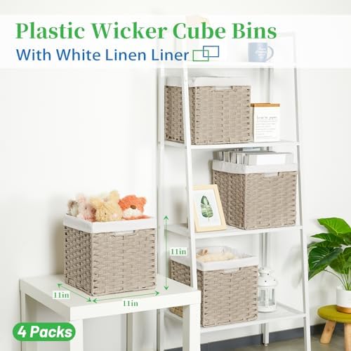 Bidtakay Wicker Storage Baskets for Organizing 4-Pack Hand-Woven Imitation Wicker Cube Storage Bins with Liners for Shelves Closet Cabinet 11x11 Waterproof Cube Organizer for Pantry-Greyish Beige