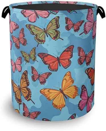 Colorful Butterfly Laundry Basket,Foldable Oxford Cloth Tote Bag Laundry Hamper Clothes Storage Bucket Organizer for Bedroom Laundry Storage Dormitories 16" x 20.8"