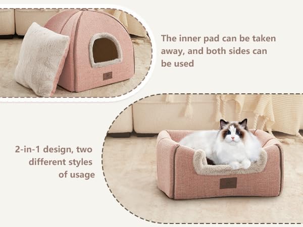 WINDRACING Cat Beds for Indoor Cats, 2-in-1 Cat Bed Cave with Anti-Slip Bottom, Cozy Cats House Tent Suitable for All Seasons, for Medium & Large-Sized Pets Light Pink, L(17.5 X 17.5 X 17.5 Inch)